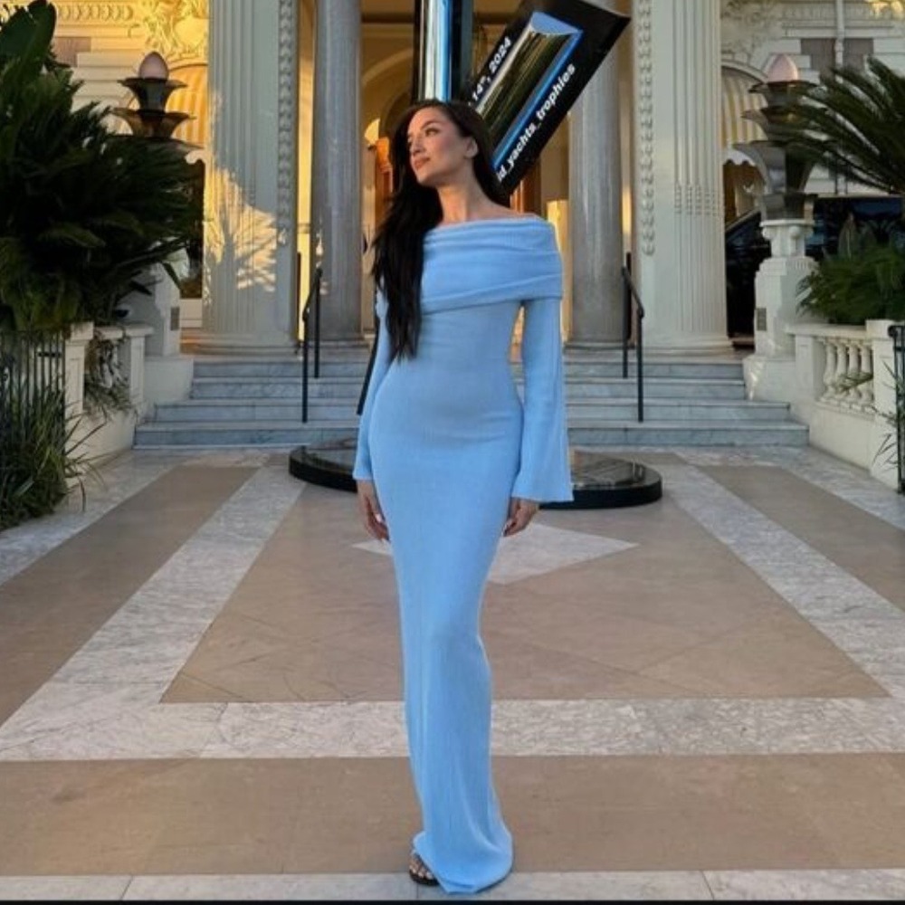 Ser.o.ya | Galleria Rib Knit‎ Off-Shoulder Semi-Sheer Maxi Dress in Powder Blue